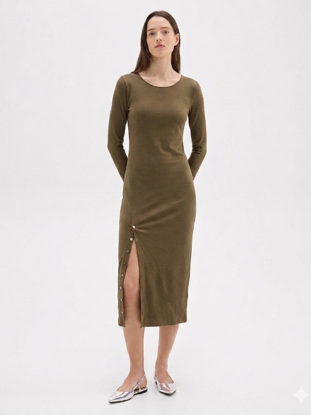 Theory Olive Green Button Front Ranmire Knit Midi Dress Medium